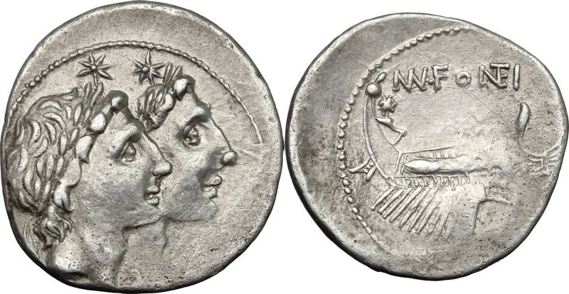 Mn. Fonteius. AR Denarius, 108-107 BC. D/ Jugate and laureate heads of Dioscuri ...