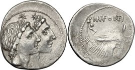 Mn. Fonteius. AR Denarius, 108-107 BC. D/ Jugate and laureate heads of Dioscuri right; below their chins, X. R/ Ship right; above, MN FONTEI; below, [...