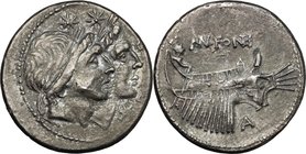 Mn. Fonteius. Fourrée Denarius, 108-107 BC. D/ Jugate and laureate heads of Dioscuri right; before, P P upwards; below their chins, X. R/ Ship right; ...