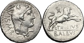 L. Thorius Balbus. AR Denarius, 105 BC. D/ Head of Juno of Lanuvium right, wearing goat's skin, I.S.M.R. behind. R/ Bull charging right, X above, L. T...