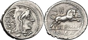 L. Thorius Balbus. AR Denarius, 105 BC. D/ Head of Juno of Lanuvium right, wearing goat's skin, I.S.M.R. behind. R/ Bull charging right, H above, L. T...