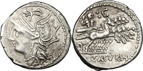 L. Appuleius Saturninus. AR Denarius, 104 BC. D/ Helmeted head of Roma left. R/ Saturn in quadriga right; above the horses, two dots and C; in exergue...