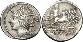 L. Appuleius Saturninus. AR Denarius, 104 BC. D/ Helmeted head of Roma left. R/ Saturn in quadriga right; below horses, I horizontally; in exergue, L....