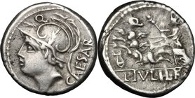 L. Julius L.f. Caesar. AR Denarius, 103 BC. D/ Helmeted head of Mars left; behind, CAESAR; above, Q. R/ Venus in biga of Cupids left, holding sceptre ...