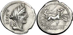 C. Fabius C. f. Hadrianus. AR Denarius, 102 BC. D/ Veiled and turreted head of Cybele right; behind, EX. A. PV. R/ Victory in biga right, K and dot be...