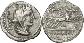 C. Fabius C. f. Hadrianus. AR Denarius, 102 BC. D/ Bust of Cybele right, wearing turreted crown and veil; behind, EX.A.PV. R/ Victory in biga right, h...