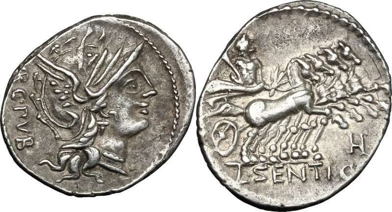 L. Sentius C.f. AR Denarius, 101 BC. D/ Helmeted head of Roma right; behind, ARG...