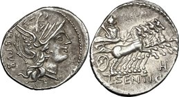 L. Sentius C.f. AR Denarius, 101 BC. D/ Helmeted head of Roma right; behind, ARG PVB. R/ Jupiter in quadriga right, holding thunderbolt and reins in l...