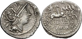 C. Fundanius. AR Denarius, 101 BC. D/ Helmeted head of Roma right; behind, dot and R. R/ Male figure (Marius?) in walking quadriga right, youth on nea...