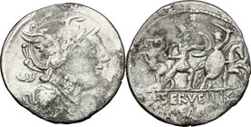 M. Servilius C.f. Fourrée Denarius, 100 BC. D/ Helmeted head of Roma right; behind, Greek letter omega. R/ Two soldiers fighting on foot, their horses...