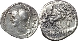 P. Servilius M.f. Rullus. AR Denarius, 100 BC. D/ Bust of Minerva left, wearing crested Corinthian helmet and aegis; behind RVLLI. R/ Victory in biga ...