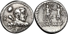 Pub. Lentulus Marceli f. AR Denarius, 100 BC. D/ Bust of Hercules right, seen from behind, with lion's skin over shoulder and club over far shoulder; ...