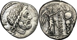 P. Vettius Sabinus. AR Quinarius, 99 BC. D/ Laureate head of Jupiter right; behind, K. R/ Victory standing right, crowning trophy; between, P. SABIN; ...