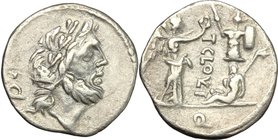 T. Cloelius. AR Quinarius, 98 BC. D/ Head of Jupiter right; behind, P and dot. R/ Victory standing right, crowning a trophy placed on a Gaulish captiv...