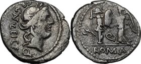 C. Egnatuleius C.f. AR Quinarius, 97 BC. D/ Laureate head of Apollo right; below, Q; behind, C. EGNATVLEI. C. F. R/ Victory left inscribing shield att...