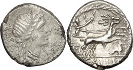 C. Allius Bala. AR Denarius, ca 92 B.C. D/ BALA. Diademed female head right; below chin, I. R/ Diana in biga of stags right; with quiver over shoulder...