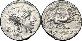D. Silanus L.f. AR Denarius, 91 BC. D/ Helmeted head of Roma right; behind, H. R/ Victory in biga right; above, XXIII; in exergue, D. SILANVS L.F/ROMA...