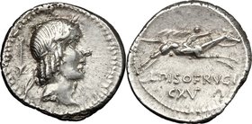 L. Calpurnius Piso Frugi. AR Denarius, 90 BC. D/ Laureate head of Apollo right; behind, arrow downwards. R/ Horseman galloping right, holding palm; be...