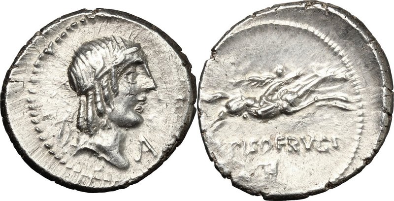 L. Calpurnius Piso Frugi. AR Denarius, 90 BC. D/ Laureate head of Apollo right; ...