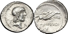 L. Calpurnius Piso Frugi. AR Denarius, 90 BC. D/ Laureate head of Apollo right; below chin, A. R/ Horseman galloping right, holding palm; below, L PIS...