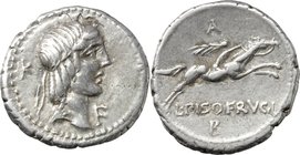 L. Calpurnius Piso Frugi. AR Denarius, 90 BC. D/ Laureate head of Apollo right; behind, K; below chin, F. R/ Horseman galloping right, holding palm; a...
