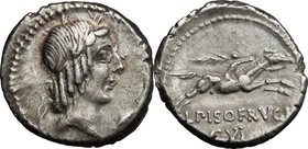 L. Calpurnius Piso Frugi. AR Denarius, 90 BC. D/ Laureate head of Apollo right; below chin, symbol. R/ Horseman galloping right, holding palm; below, ...