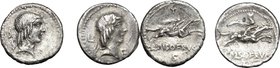 L. Calpurnius Piso Frugi. Multiple lot of two (2) Fourrée Denarii, 90 BC. D/ Laureate head of Apollo right; behind, letter; below chin, letter. R/ Hor...