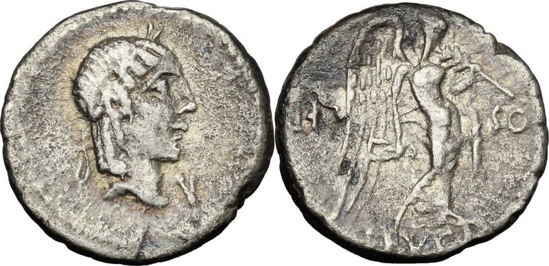 L. Calpurnius Piso Frugi. AR Quinarius, 90 BC. D/ Laureate head of Apollo right;...