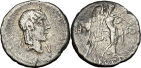 L. Calpurnius Piso Frugi. AR Quinarius, 90 BC. D/ Laureate head of Apollo right; below chin, V. R/ L. PI-SO. Victory standing right, holding wreath in...