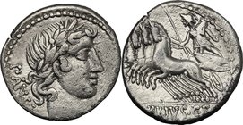 C. Vibius C. f. Pansa. AR Denarius, 90 BC. D/ Laureate head of Apollo right; behind, PANSA. R/ Minerva driving quadriga left, holding trophy; in exerg...