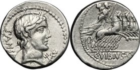 C. Vibius C. f. Pansa. AR Denarius, circa 90 BC. D/ PANSA. Laureate head of Apollo right; below chin, caduceus and trident. R/ Minerva in fast quadrig...