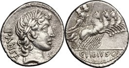 C. Vibius C.f. Pansa. AR Denarius, circa 90 BC. D/ PANSA. Laureate head of Apollo right; below chin, star. R/ Minerva in fast quadriga right, holding ...