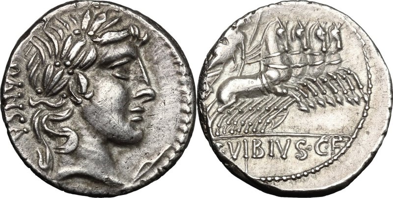 C. Vibius C. f. Pansa. AR Denarius, 90 BC. D/ Laureate head of Apollo right; beh...