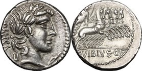 C. Vibius C. f. Pansa. AR Denarius, 90 BC. D/ Laureate head of Apollo right; behind, PANSA; below chin, symbol. R/ Minerva driving quadriga right, hol...