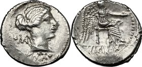 M. Cato. AR Denarius, 89 BC. D/ Diademed and draped female bust right; behind, ROMA; below neck truncation, M. CATO. R/ Victory seated right, holding ...