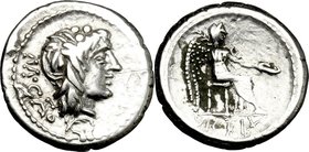 M. Cato. AR Quinarius, 89 BC. D/ Young head right, crowned with ivy wreath, hair long; behind, M. CATO; below, wreath. R/ Victory seated right, holdin...
