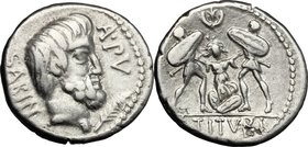 L. Titurius L. f. Sabinus. AR Denarius, 89 BC. D/ SABIN. A.PV. Head of King Tatius right; palm frond below chin. R/ Tarpeia stands facing between to s...