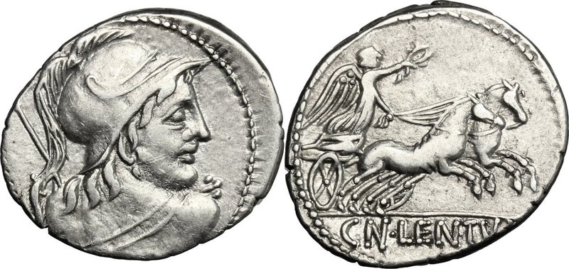 Cn. Lentulus Clodianus. AR Denarius, 88 BC. D/ Helmeted bust of Mars right, seen...