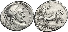 Cn. Lentulus Clodianus. AR Denarius, 88 BC. D/ Helmeted bust of Mars right, seen from behind. R/ Victory in biga right; in exergue, CN. LENTVL. Cr. 34...