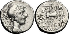 L. Rubrius Dossenus. AR Denarius, 87 BC. D/ Helmeted bust of Minerva right, wearing aegis; behind, DOS. R/ Triumphal chariot with side panel decorated...