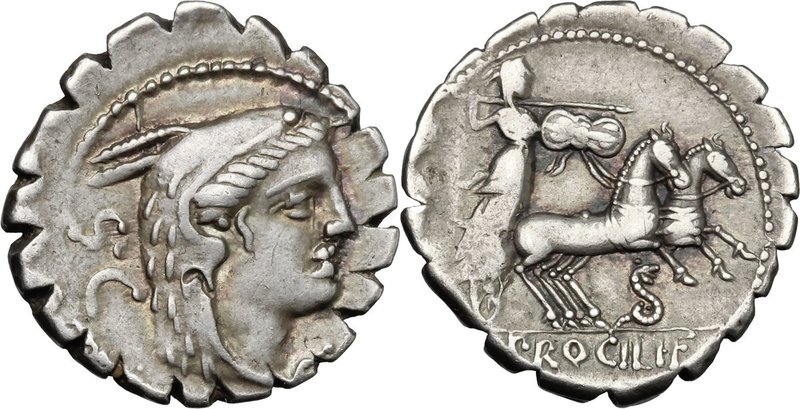 L. Procilius. AR Denarius serratus, 80 BC. D/ Head of Juno Sospita right, wearin...