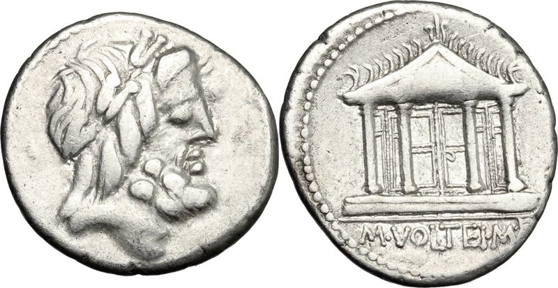 M. Volteius M.f. AR Denarius, 78 BC. D/ Laureate head of Jupiter right. R/ Templ...