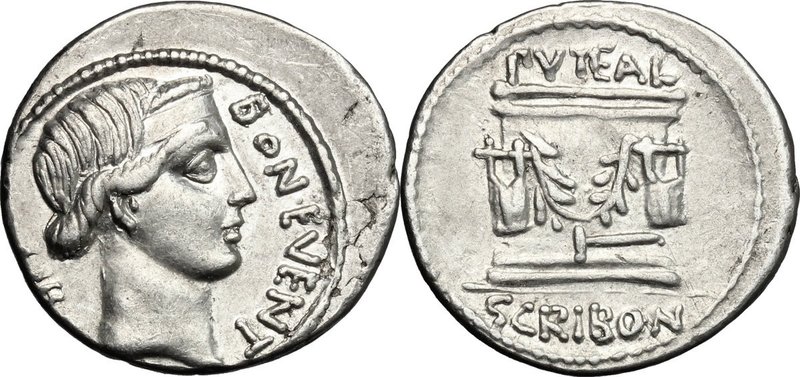 L. Scribonius Libo. AR Denarius, 62 BC. D/ BON EVENT before diademed head of Bon...