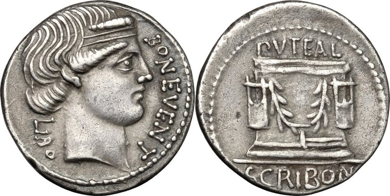 L. Scribonius Libo. AR Denarius, 62 BC. D/ BON EVENT before diademed head of Bon...