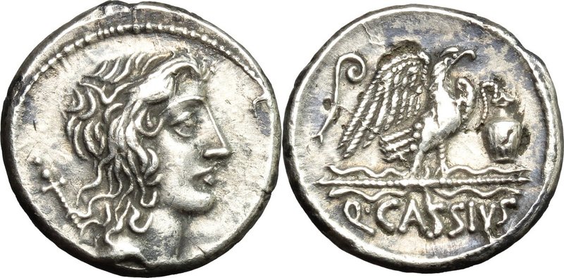 Q. Cassius Longinus. Fourrée Denarius, 55 BC. D/ Head of Bonus Eventus right; be...