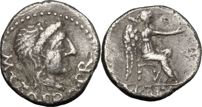 M. Porcius Cato. AR Quinarius, 47- 46 BC. Africa. D/ Head of Liber right, crowne...