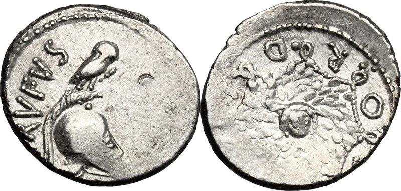 Mn. Cordius Rufus. AR Denarius, 46 BC. D/ RVFVS. Owl perched on Corinthian helme...