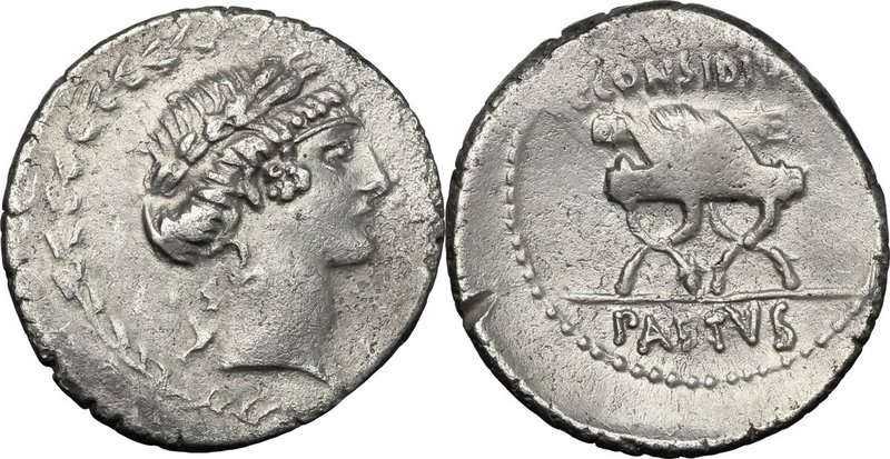 C. Considius Paetus. AR Denarius, 46 BC. D/ Laureate head of Apollo right, withi...