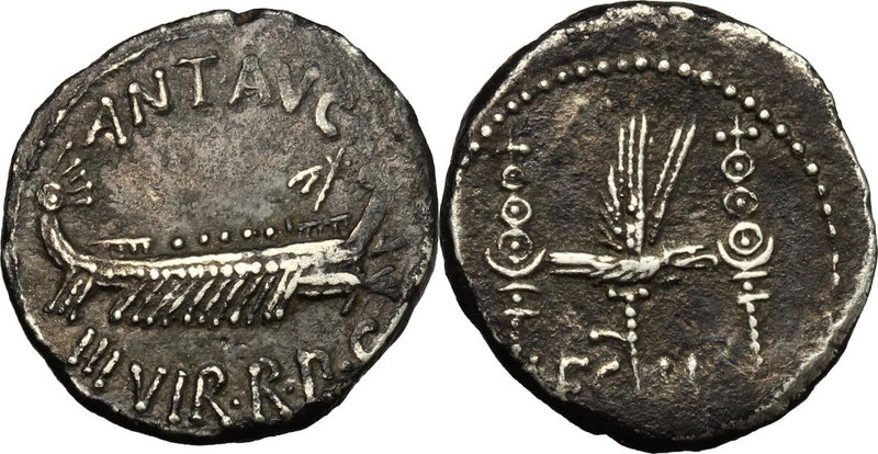 Mark Antony. AR Denarius, 32-31 BC. D/ ANT. AVG III VIR. R. P. C. Praetorian gal...