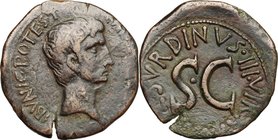 Augustus (27 BC - 14 AD). AE As, 15 BC. D/ [CAESAR AVGVSTVS TR]IBVNIC POTEST. Bare head right. R/ L SVRDINVS III VIR AAA FF around large SC. RIC 386; ...